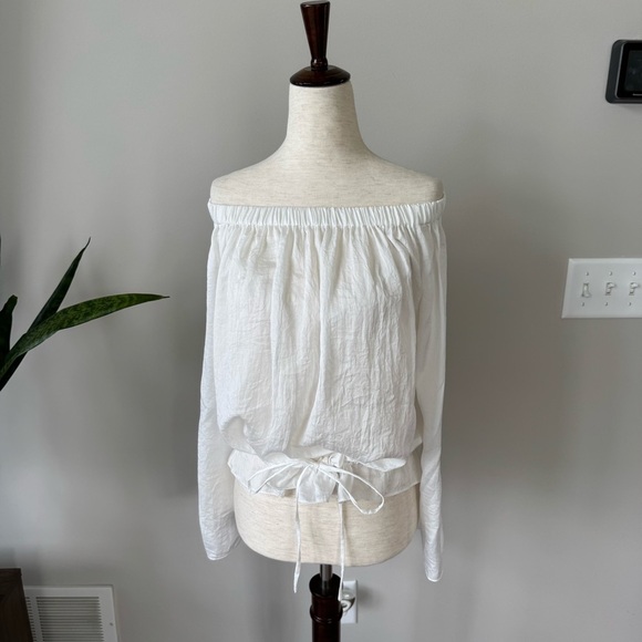 Theory White Off-Shoulder Blouse with Tie Waist Detail - Picture 4 of 8